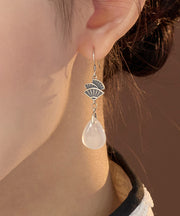 Brief White Sterling Silver Jade Fan-Shaped Drop Earrings