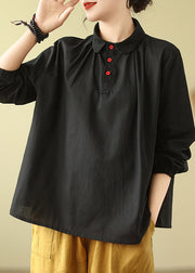 Casual Black Peter Pan Collar Wrinkled Cotton Shirts Fall