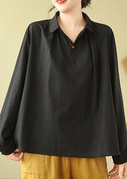 Casual Black Peter Pan Collar Wrinkled Cotton Shirts Fall