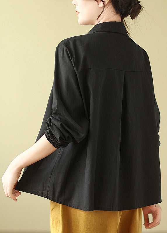 Casual Black Peter Pan Collar Wrinkled Cotton Shirts Fall