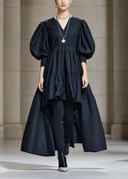 Casual Black Puff Sleeve Low High Design Cotton Maxi Dress