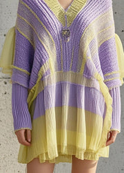 Casual Purple Oversized Patchwork Tulle Knitted Dress Fall