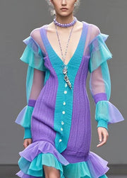 Casual Purple Ruffled Patchwork Low High Design Sweater Dress Fall