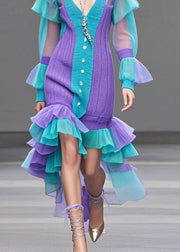 Casual Purple Ruffled Patchwork Low High Design Sweater Dress Fall