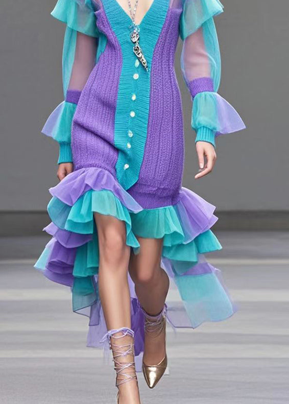 Casual Purple Ruffled Patchwork Low High Design Sweater Dress Fall