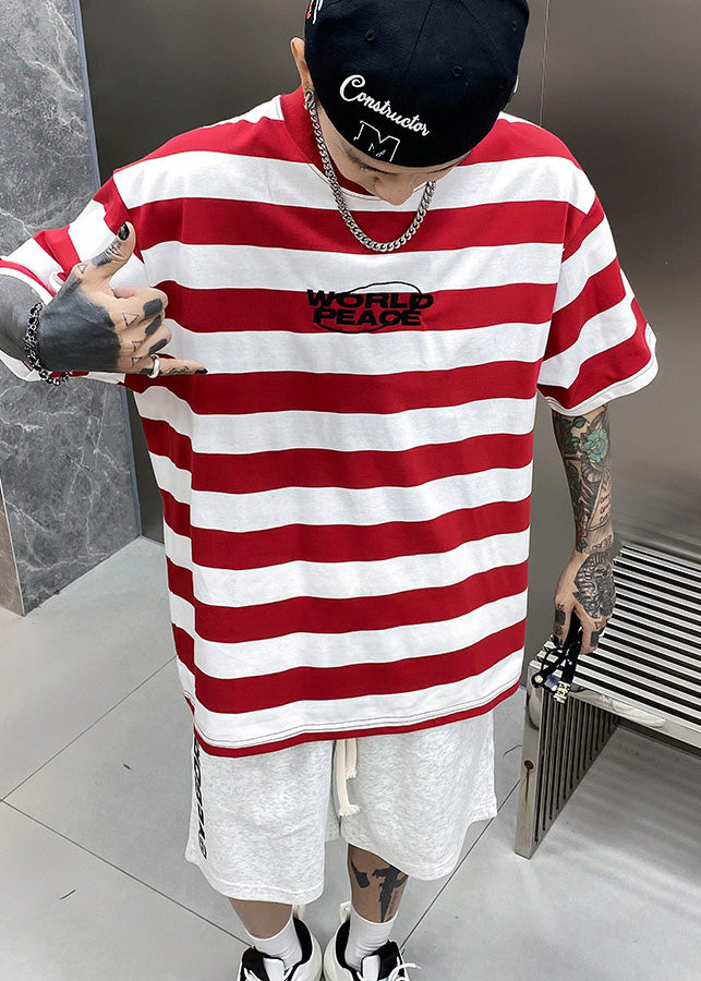 Casual Red O Neck Striped Streetwear Cotton Men T Shirt Summer