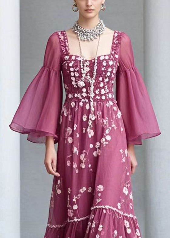 Casual Rose Square Collar Print Chiffon Dress Flare Sleeve