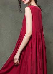 Casual Wine Red O-Neck Wrinkled Long Dresses Sleeveless