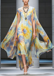 Casual Yellow Asymmetrical Tie Dye Chiffon Beach Dress Summer