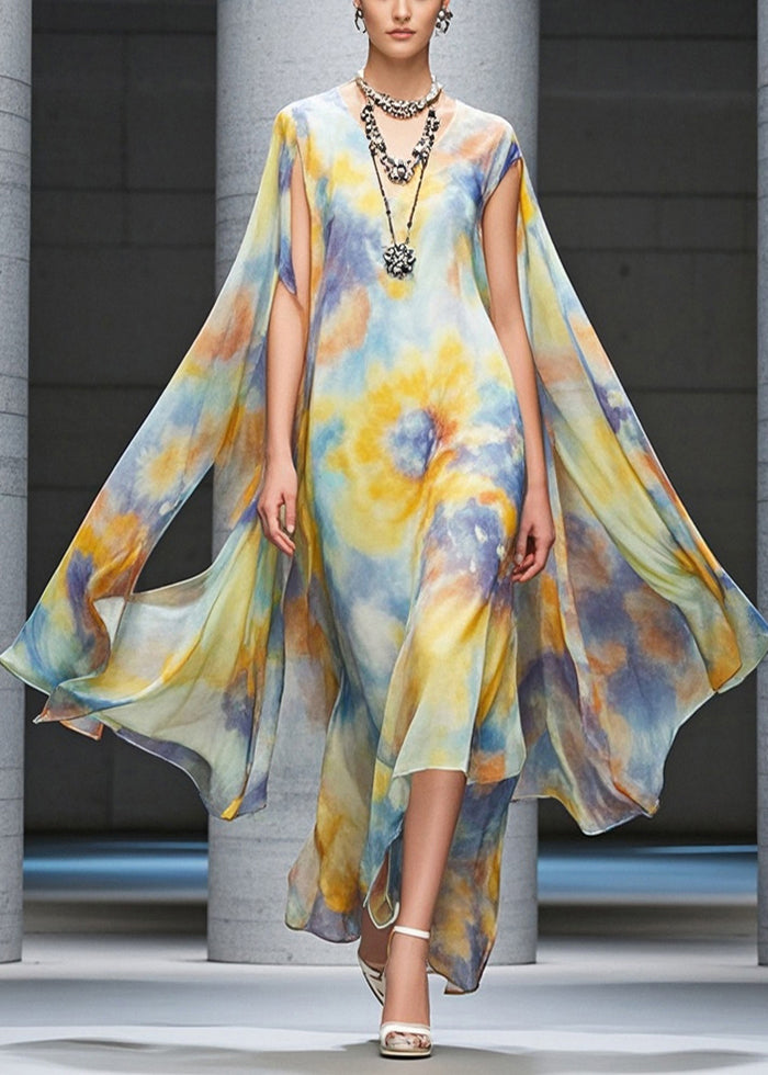 Casual Yellow Asymmetrical Tie Dye Chiffon Beach Dress Summer