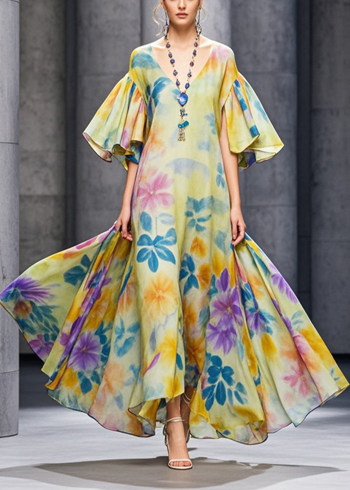 Casual Yellow Flower Print Chiffon Long Dresses Flare Sleeve