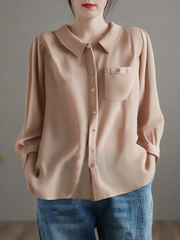 Grace Pink Peter Pan Collar Button Linen Shirt Bracelet Sleeve