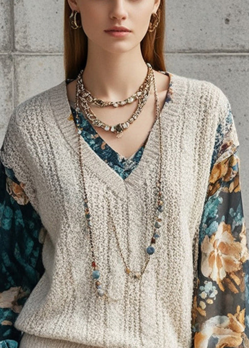 Chic Beige V Neck Patchwork Print Fake Two Piece Knit Shirts Fall