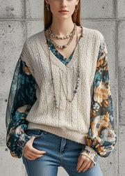 Chic Beige V Neck Patchwork Print Fake Two Piece Knit Shirts Fall