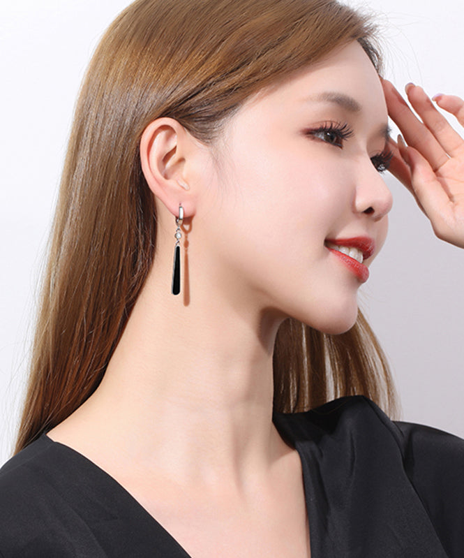 Chic Black Sterling Silver Zircon Water Drop Drop Earrings