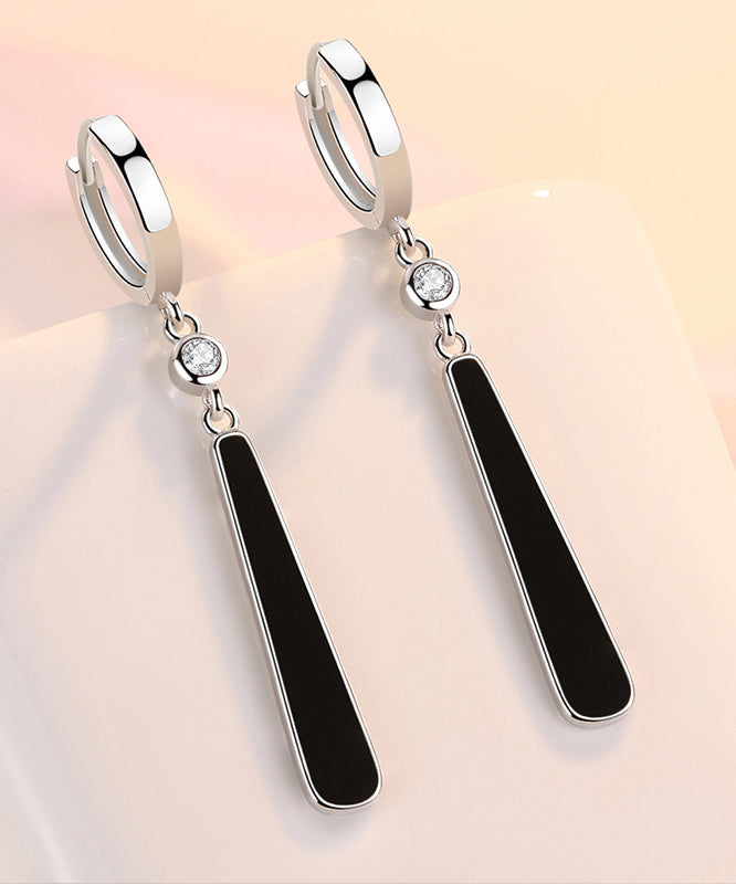 Chic Black Sterling Silver Zircon Water Drop Drop Earrings