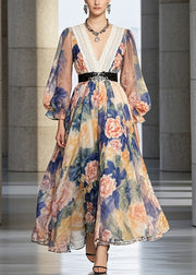 Chic Cinched Flower Print Chiffon Holiday Dress Fall