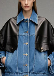 Chic Denim Blue Oversized Patchwork Faux Leather Jackets Fall