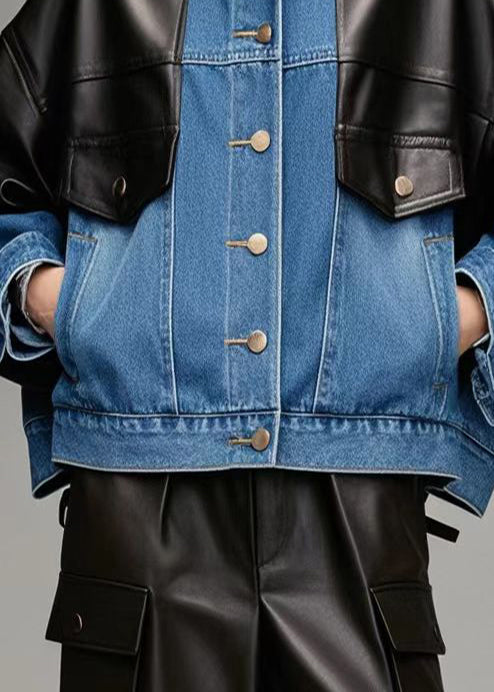 Chic Denim Blue Oversized Patchwork Faux Leather Jackets Fall