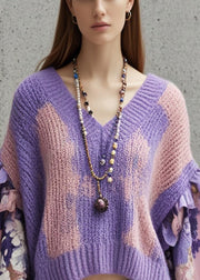 Chic Gradient Purple V Neck Patchwork Sweater Tops Lantern Sleeve