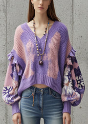 Chic Gradient Purple V Neck Patchwork Sweater Tops Lantern Sleeve