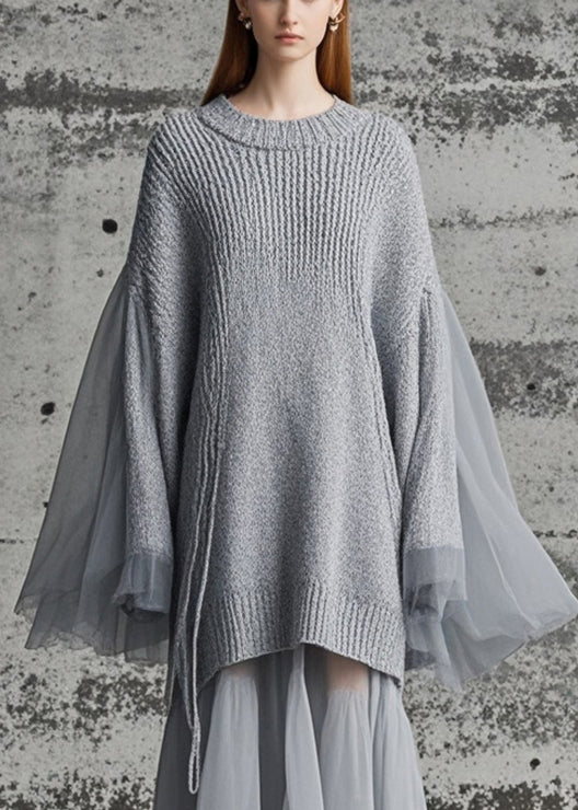 Chic Grey Patchwork Tulle Knitted Dress Oversized Batwing Sleeve