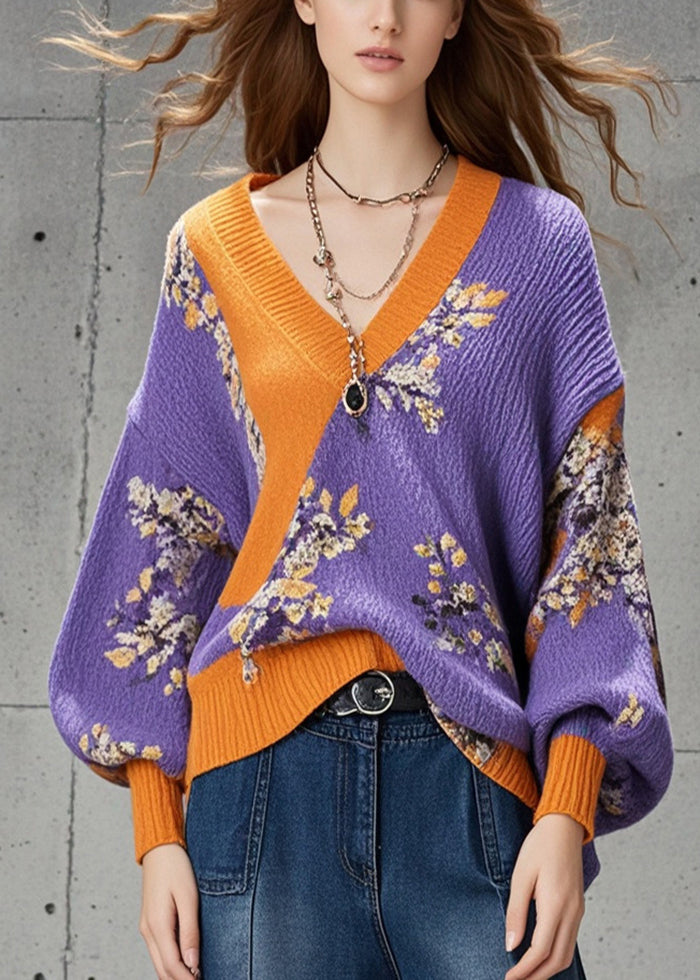 Chic Purple Oversized Print Sweaters Batwing Sleeve