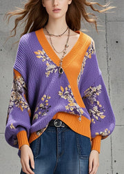 Chic Purple Oversized Print Sweaters Batwing Sleeve