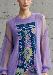 Chic Purple Print Patchwork Tulle Long Sweaters Fall