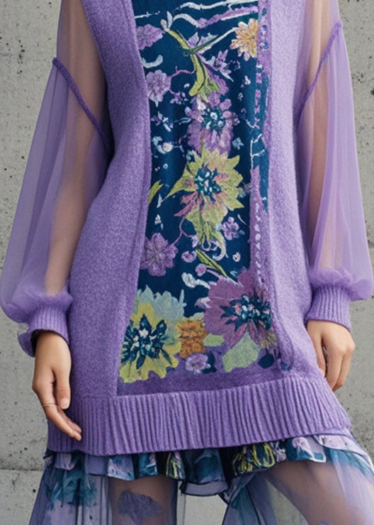 Chic Purple Print Patchwork Tulle Long Sweaters Fall