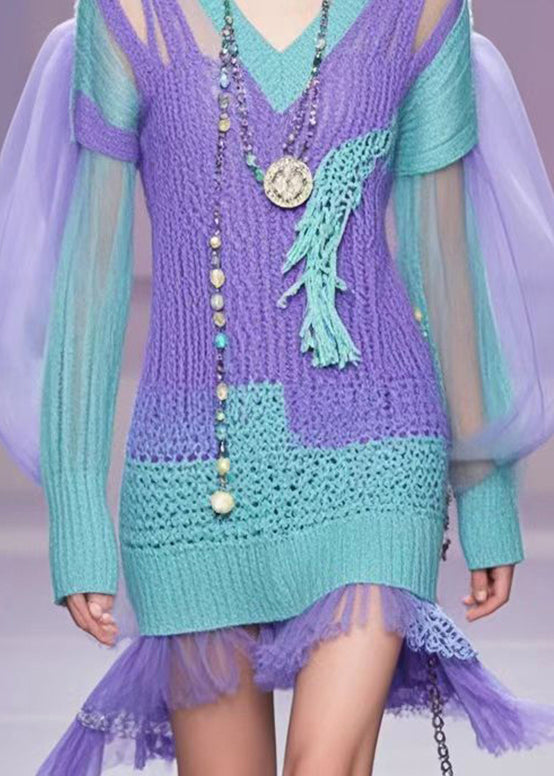 Chic Purple Puff Sleeve Patchwork Tulle Knit Mini Dress Fall