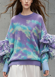 Chic Purple Ruffled Tie Dye Knit Sweater Tops Fall