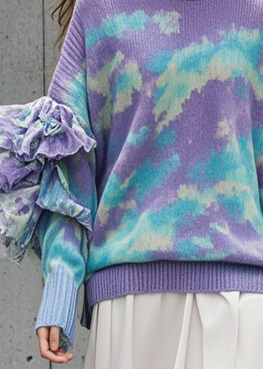 Chic Purple Ruffled Tie Dye Knit Sweater Tops Fall