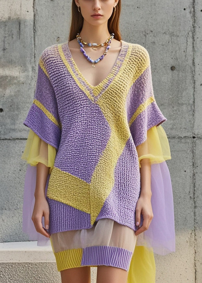 Chic Purple V Neck Patchwork Tulle Sweater Dress Fall