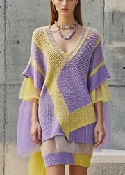 Chic Purple V Neck Patchwork Tulle Sweater Dress Fall