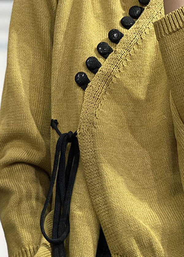 Chic Yellow Asymmetrical Design Lace Up Knit Sweater Tops