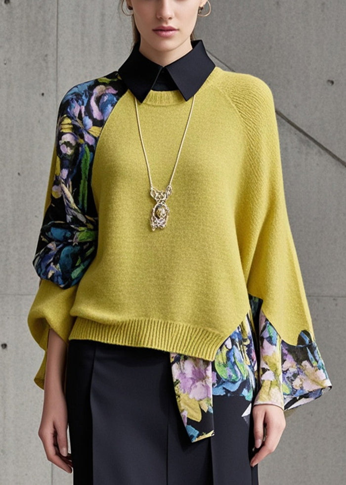 Chic Yellow Asymmetrical Patchwork Fake Two Piece Knit Shirts Fall