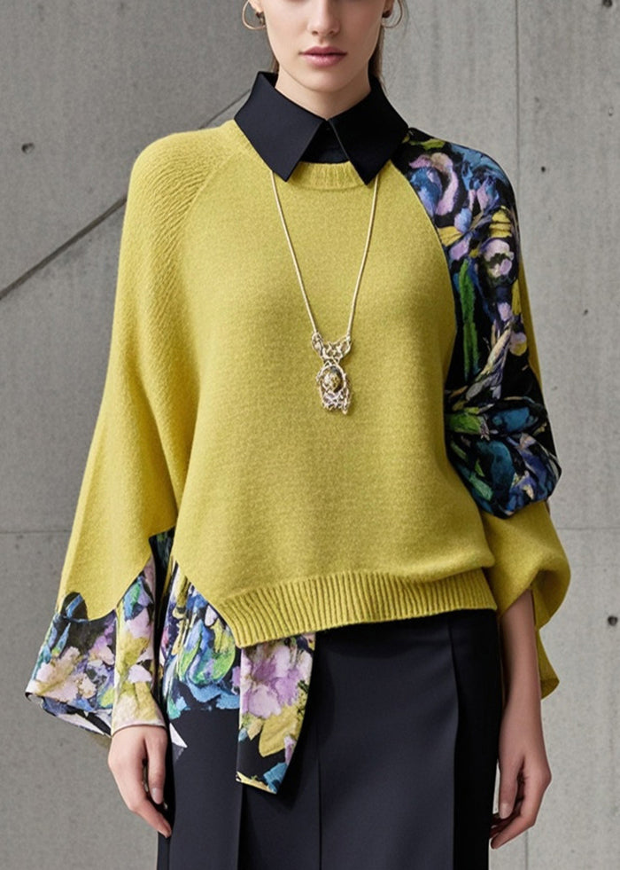 Chic Yellow Asymmetrical Patchwork Fake Two Piece Knit Shirts Fall