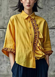 Chic Yellow Ruffled Button Linen Shirt Butterfly Sleeve