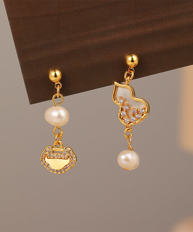 Chinese Style Gold Copper Overgild Pearl Zircon Drop Earrings