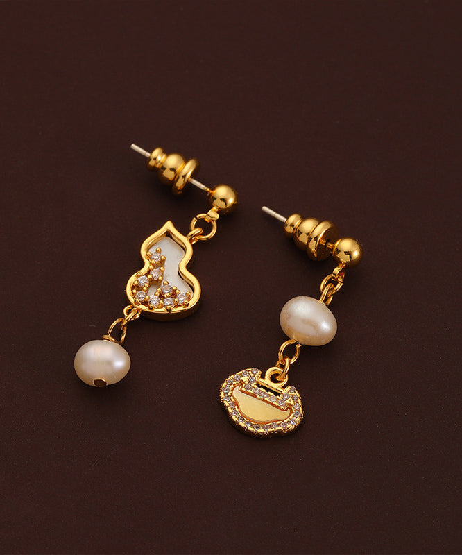 Chinese Style Gold Copper Overgild Pearl Zircon Drop Earrings