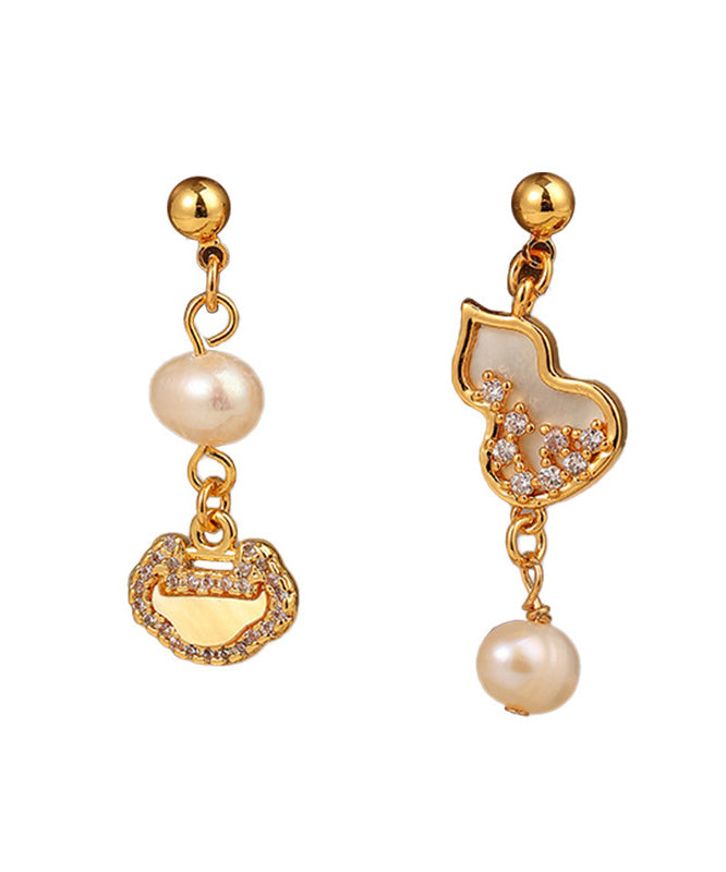 Chinese Style Gold Copper Overgild Pearl Zircon Drop Earrings