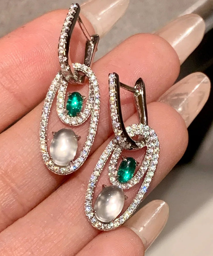 Chinese Style Green Sterling Silver Alloy Zircon Jade Egg Shaped Hoop Earrings