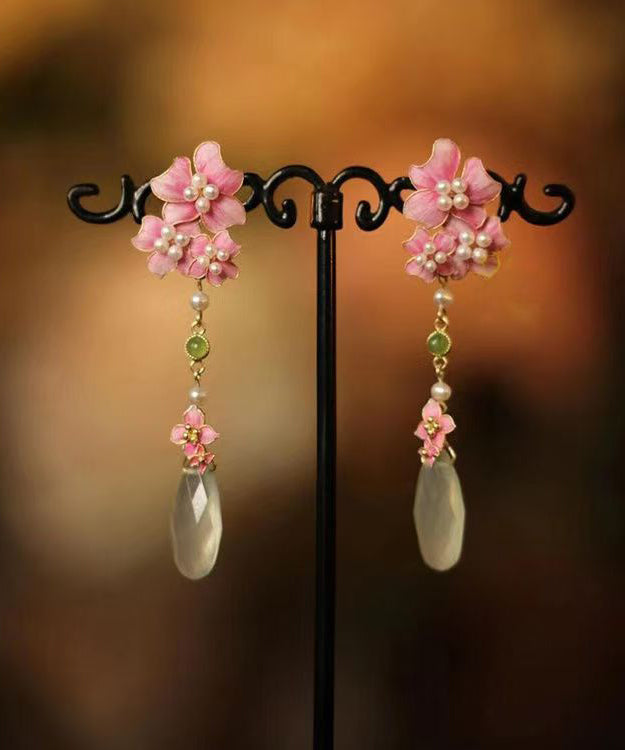 Chinese Style Pink Sterling Silver Overgild Floral Tassel Drop Earrings