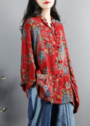 Chinese Style Red Print Pockets Button Patchwork Cotton Coats Long Sleeve