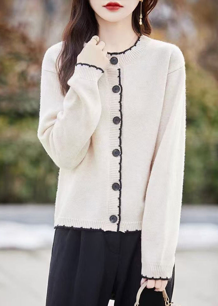 Classy Beige O Neck Button Wool Knit Cardigans Fall