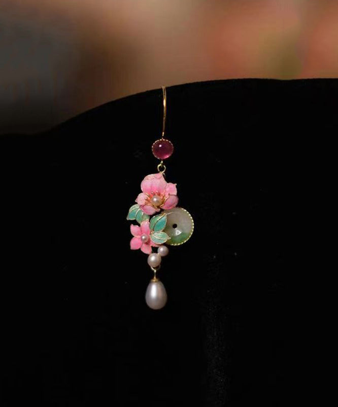 Classy Gold Sterling Silver Overgild Jade Pearl Floral Drop Earrings