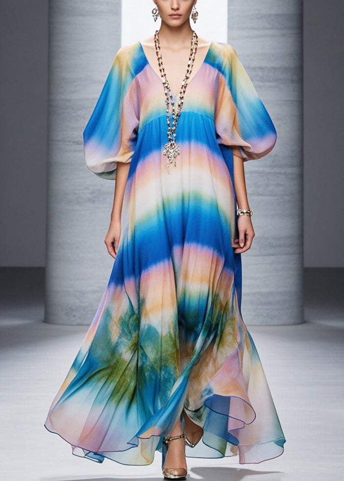 Classy Gradient Color Print Chiffon Robe Dresses Lantern Sleeve