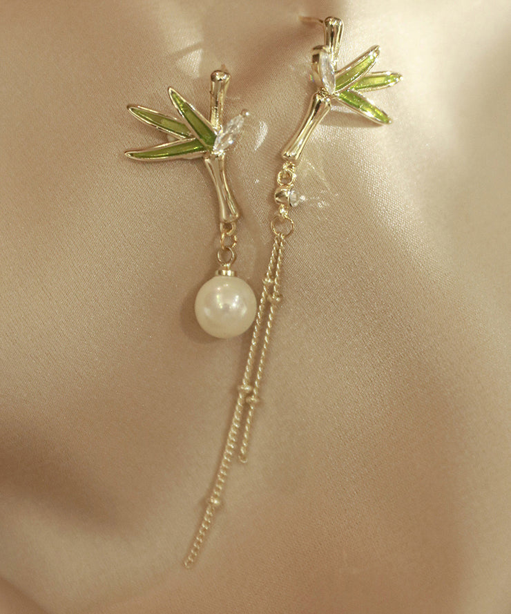 Classy Green Copper Overgild Asymmetry Pearl Tassel Bamboo Leaf Drop Earrings