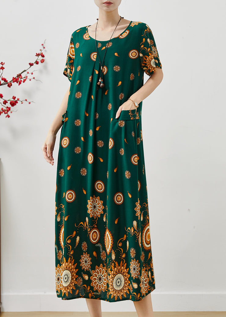 Classy Green Oversized Print Cotton Maxi Dress Summer